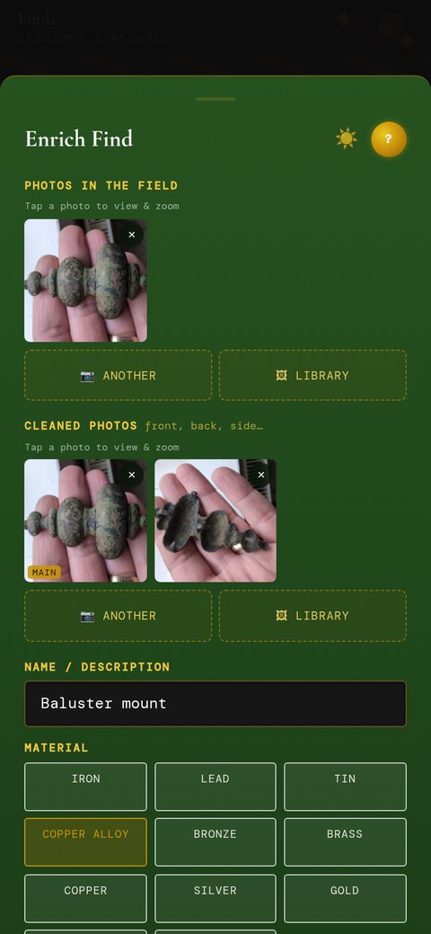 Enrich Find screen with field and cleaned photos and material buttons