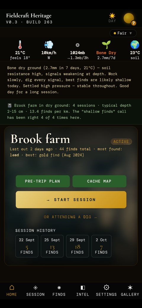 Fieldcraft Heritage Home screen: today's weather, ground conditions and what past sessions on this permission show